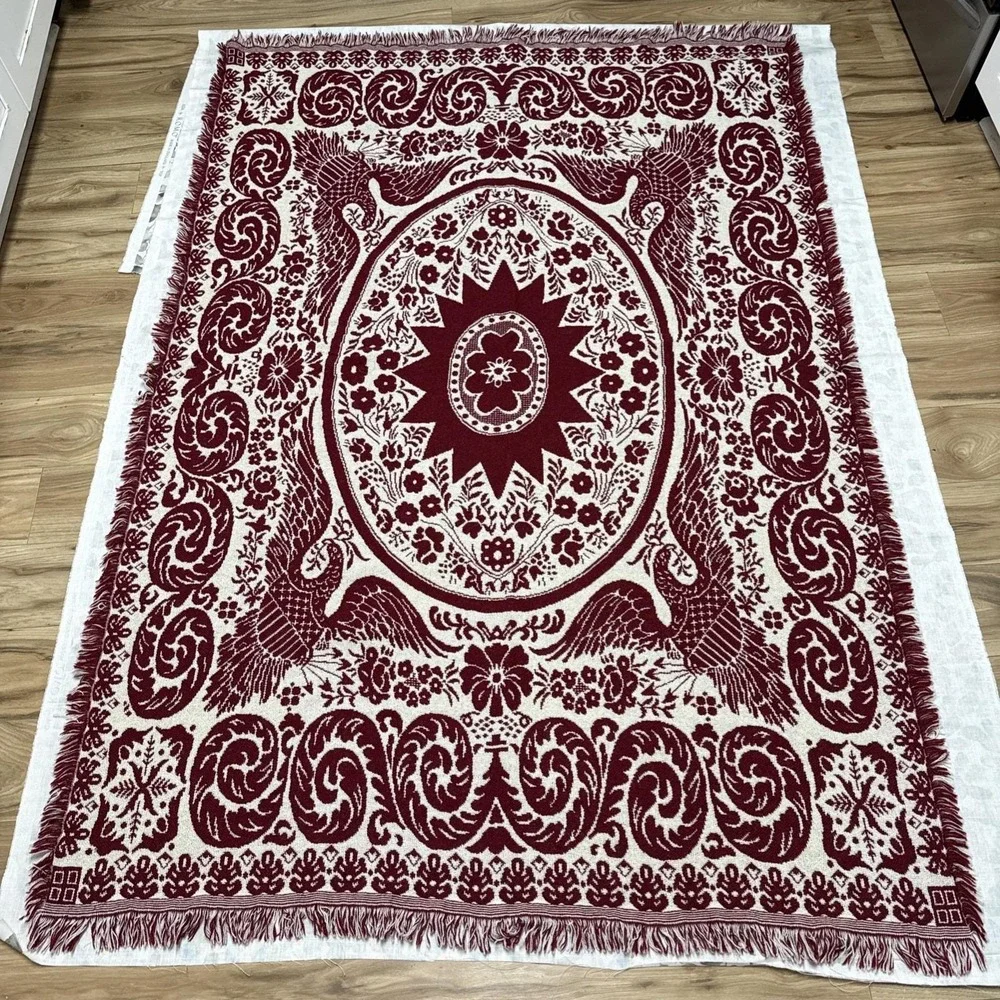 Vintage Goodwin Weavers Burgundy White Jacquard Throw Wool Blanket  W/Firebird